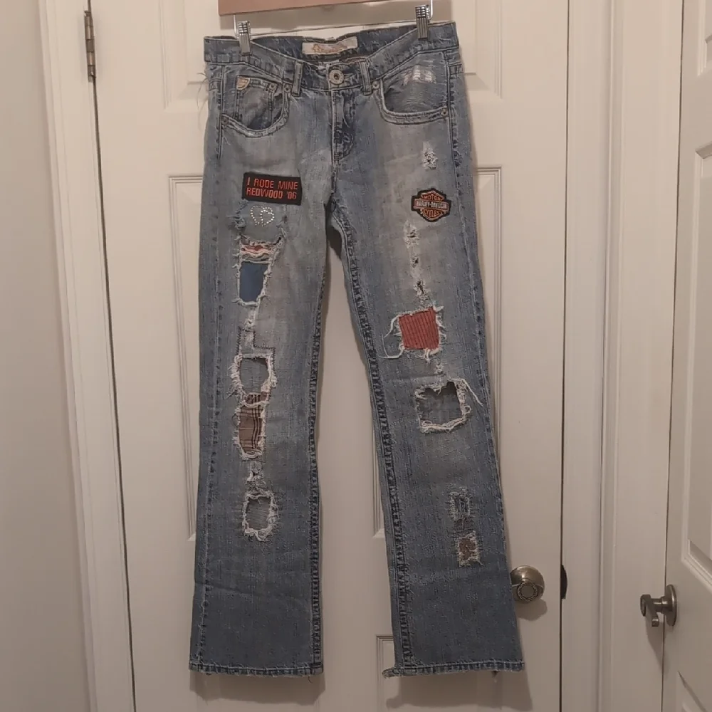 Z. Cavaricci Blue Flare Jeans with Distressed Patches - Picture 1 of 12